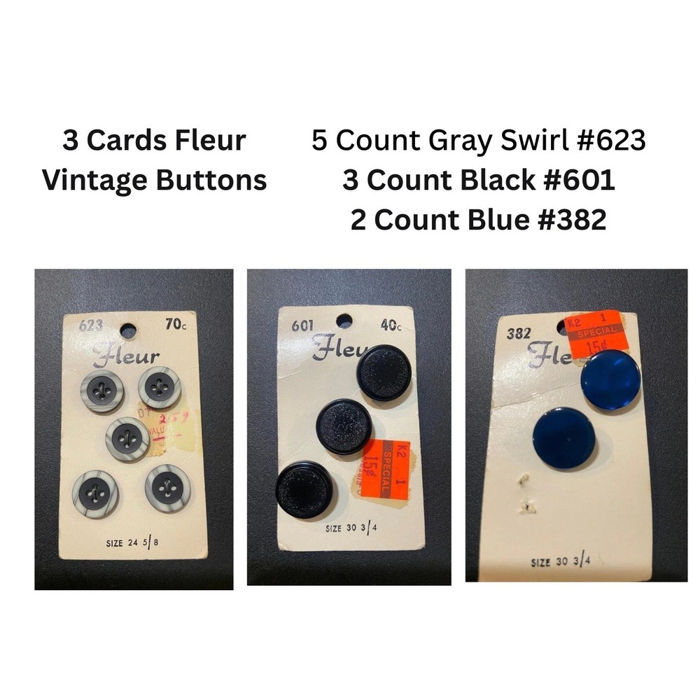 Vintage Fleur Buttons Lot 3 Cards Gray Swirl Black Blue 5/8 3/4 Inch 10 Total